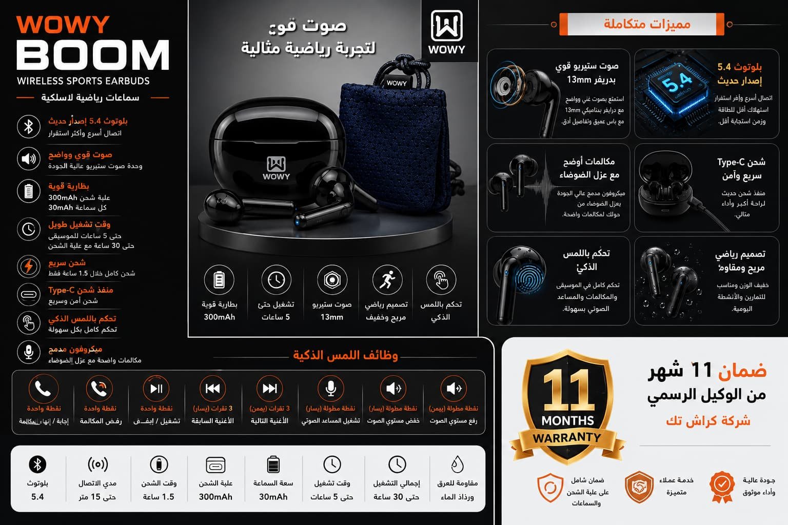 سماعات WOWY BOOM لاسلكية رياضية بتقنية Bluetooth 5.4، درايفر 13mm، تحكم باللمس وبطارية 300mAh - الصورة 2