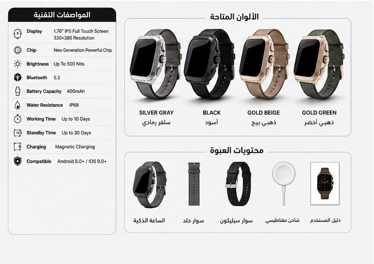 ساعة ذكية WOWY CORE D9 بشاشة لمس 1.76 بوصة، مكالمات بلوتوث، أكثر من 110 وضع رياضي وIP68 - الصورة 2