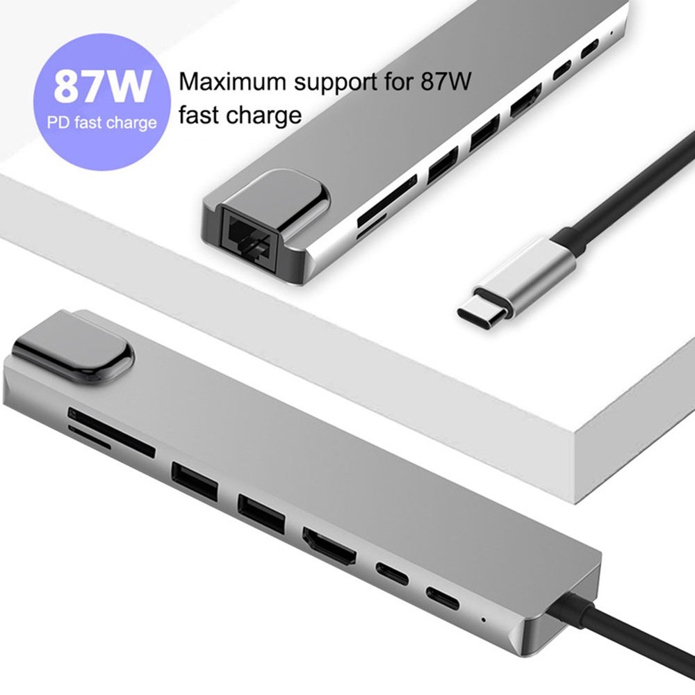 موزع منافذ type-c متعدد 8 في 1 مع شحن سريع 87W وقارئ كروت LAN - الصورة 2