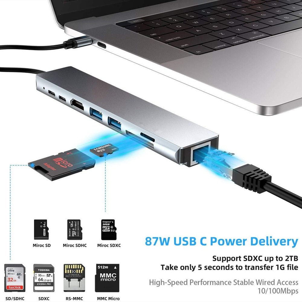 موزع منافذ type-c متعدد 8 في 1 مع شحن سريع 87W وقارئ كروت LAN - الصورة 3