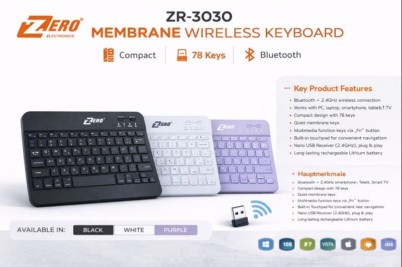 كيبورد ZERO ZR-3030 لاسلكي بلوتوث مع لوحة لمس - الصورة 2