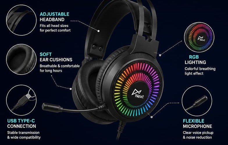سماعة جيمنج NEXT H81 سلكية RGB مع ميكروفون – USB Type-C – صوت محيطي Deep Bass - الصورة 3