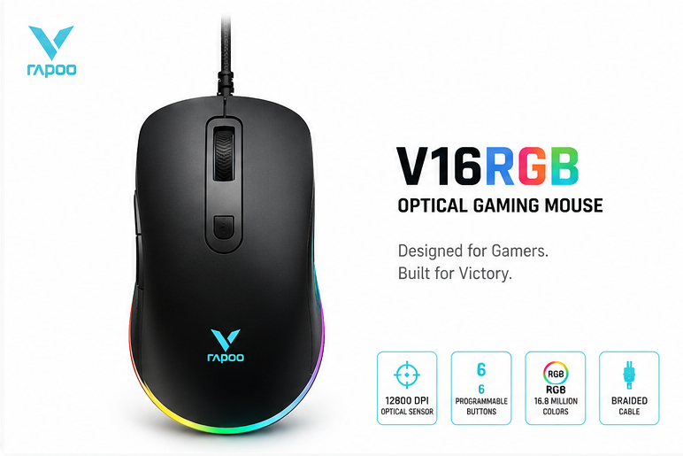 ماوس ألعاب بصري سلكي طراز V16RGB مزود بإضاءة RGB من Rapoo