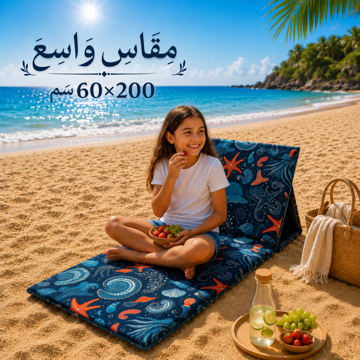 شازلونج شاطئ سفنج بظهر خشب قماش وتربروف مقاس 60*200 سم طابعه صيفيه كحلي - الصورة 5