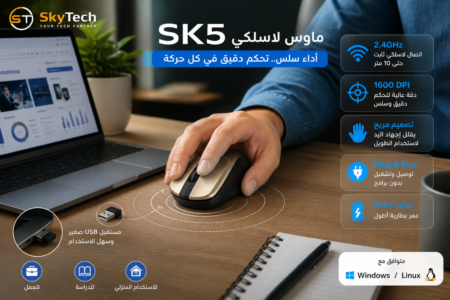 ماوس سكاي تك SK5 لاسلكي 2.4GHz – دقة 1600 DPI بتصميم مريح ميني مع مستقبل USB (مدى 10 متر) - الصورة 6