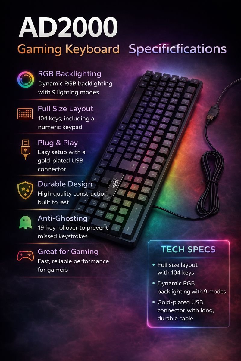 لوحة مفاتيح AD2000 Gaming RGB – كيبورد جيمينج كامل بإضاءة متعددة الألوان - الصورة 3