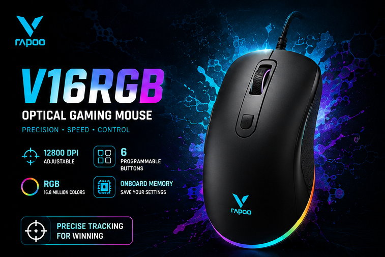 ماوس ألعاب بصري سلكي طراز V16RGB مزود بإضاءة RGB من Rapoo - الصورة 4
