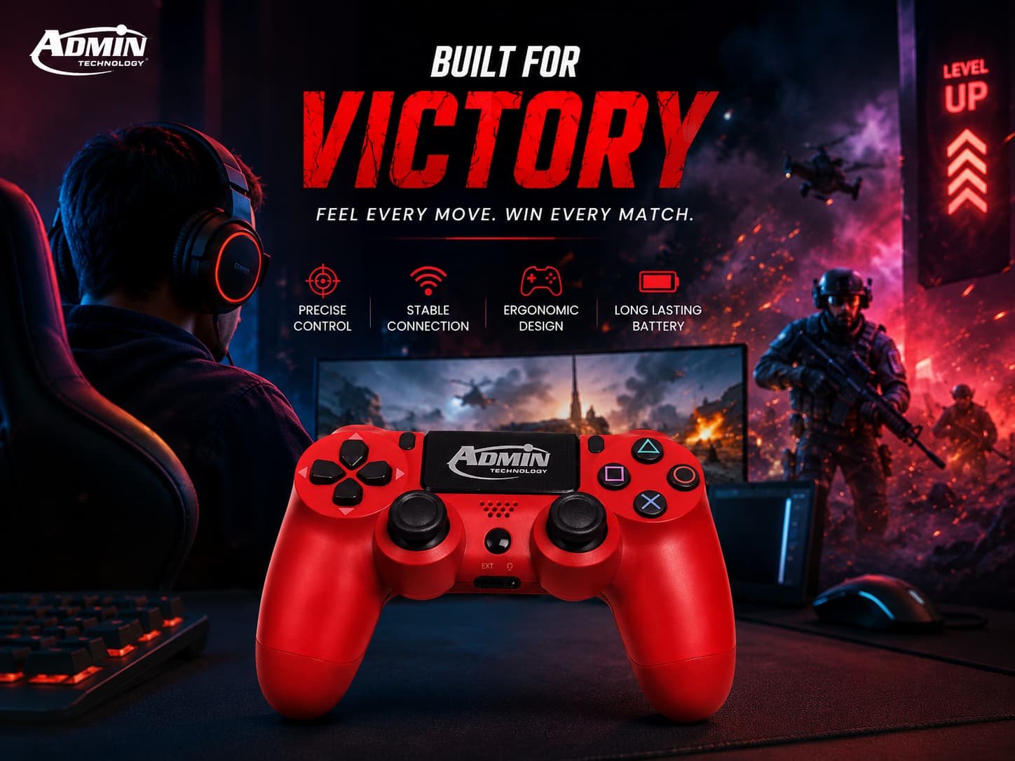 وحدة تحكم لاسلكية احترافية لجهاز بلاي ستيشن 4 (PS4/Slim/Pro/) مزودة بمستشعر حركة سداسي المحاور، ولوحة لمس تفاعلية، ومنفذ صوت 3.5 ملم، وخاصية اهتزاز مزدوجة – لوحة ألعاب عالية الدقة باللون الأحمر الملكي – من إنتاج شركة أدمن تكنولوجي - الصورة 3