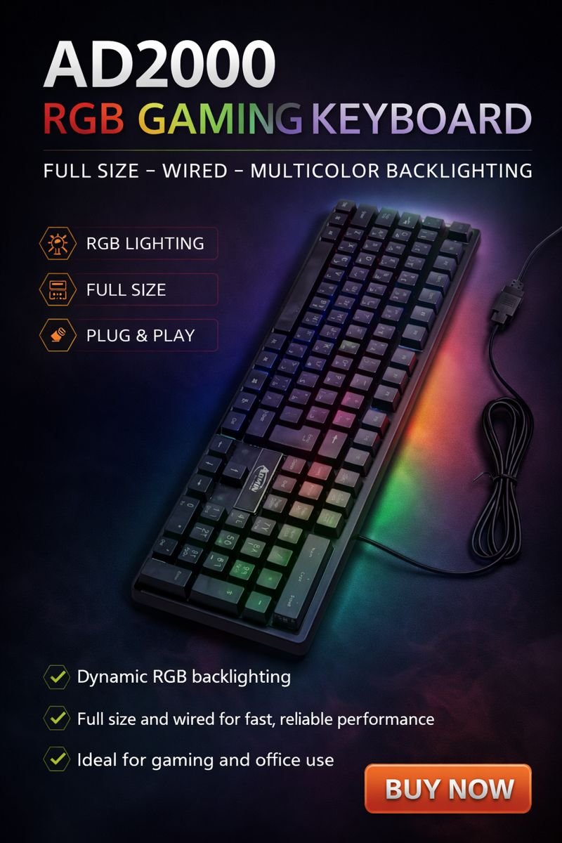 لوحة مفاتيح AD2000 Gaming RGB – كيبورد جيمينج كامل بإضاءة متعددة الألوان - الصورة 2