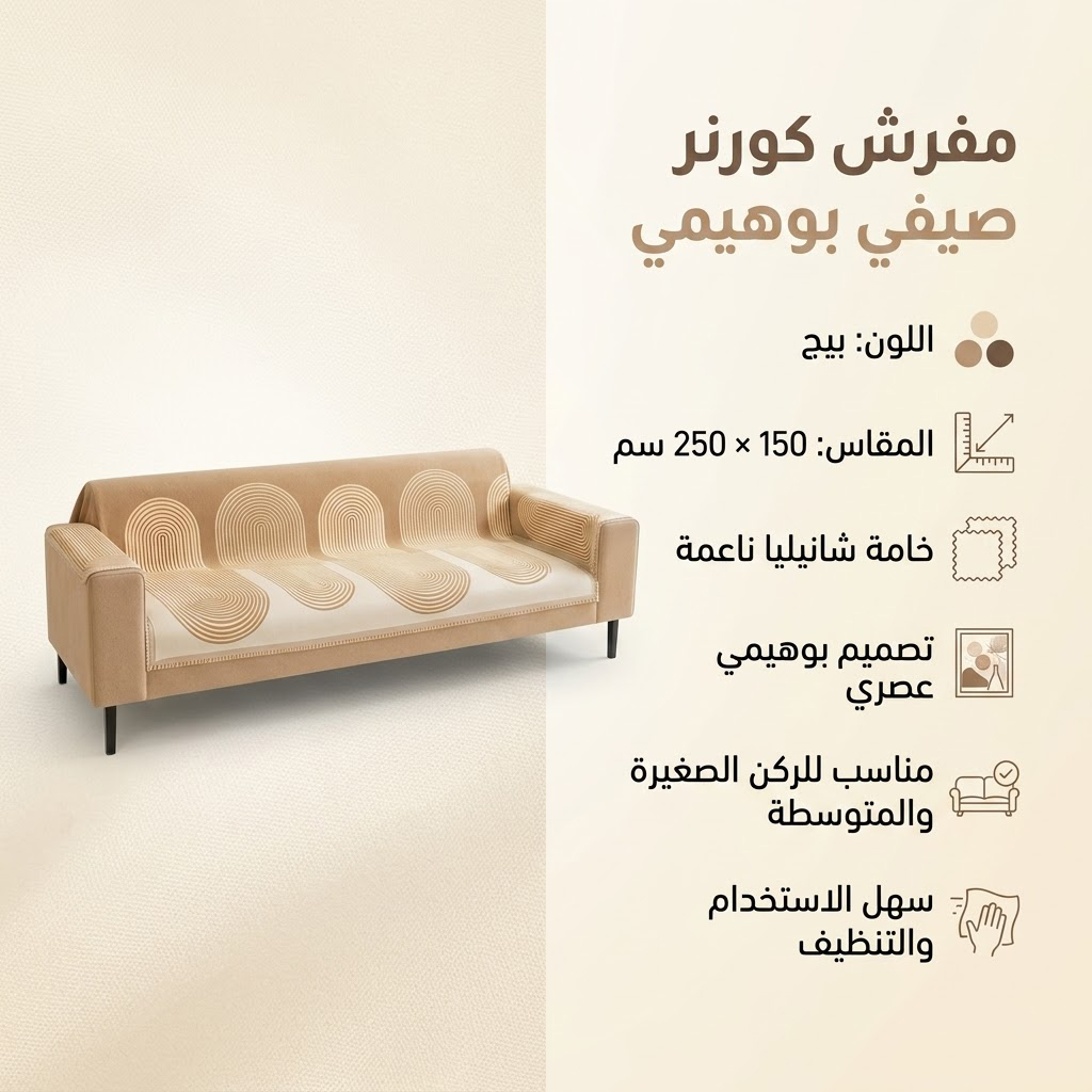 عرض 2 قطعه مفرش كورنر صيفي بوهيمي بيج - الصورة 5