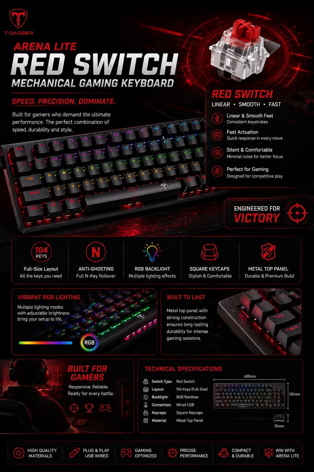 كيبورد ألعاب ميكانيكال T-Dagger Arena LiteTGK321 Red Switch RGB - الصورة 4