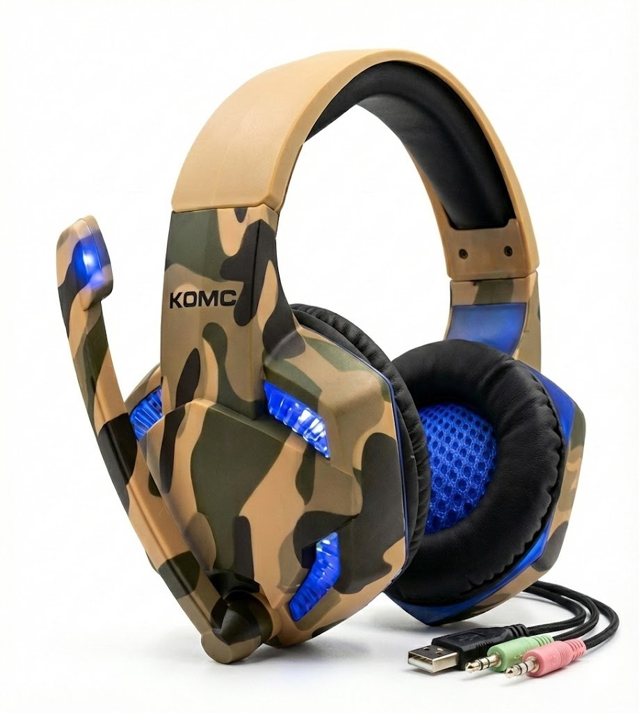 هيدفون جيمينج KOMC بإضاءة LED للكمبيوتر – تصميم عسكري (Camouflage) - الصورة 5